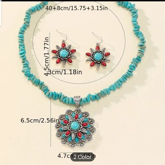 Turquoise and red boho style set necklace - Picture 4 of 12